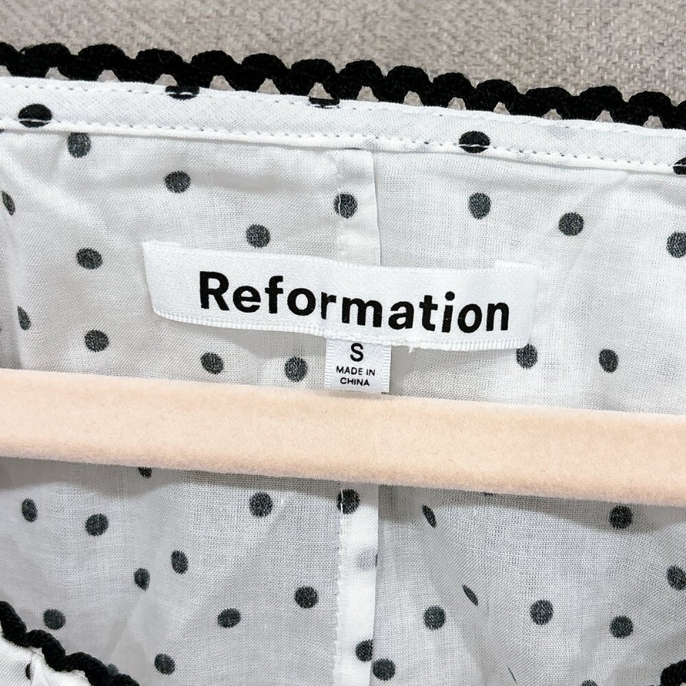 Reformation White Polka Dot Ruffle Cropped Top with Black Trim - Picture 4 of 5
